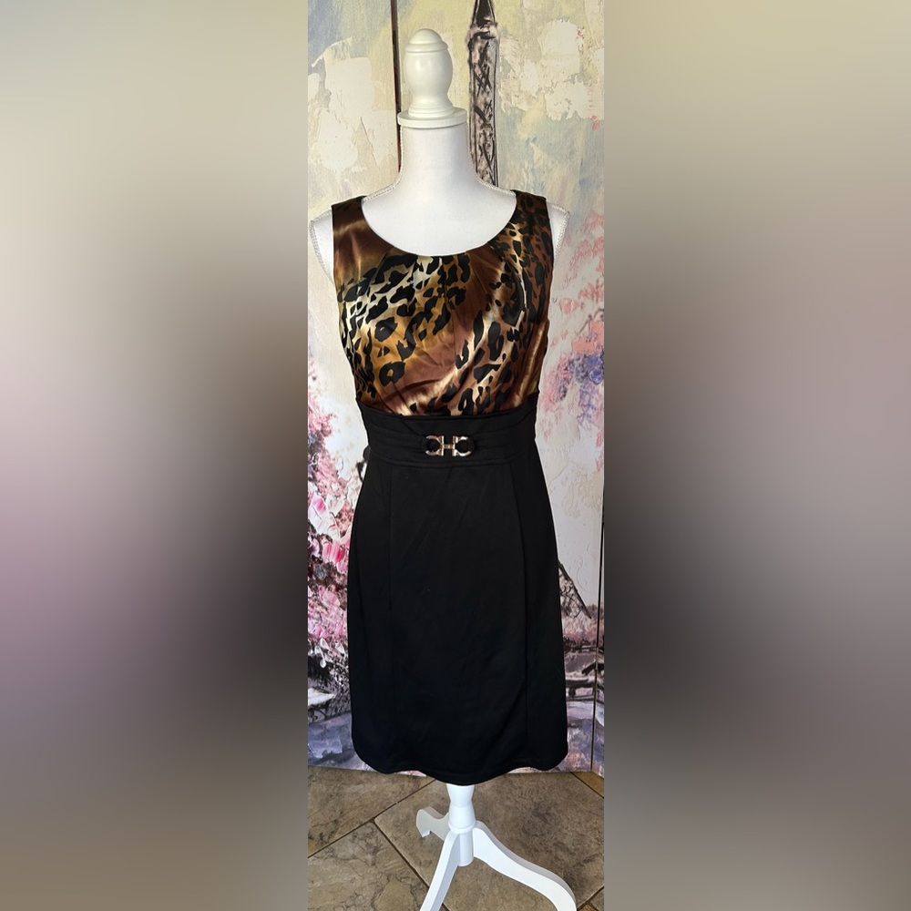 ALYX Dress - Elegant Black and Animal Print Sheath Dress. Size 8.